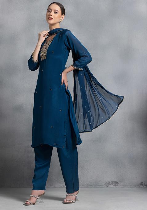 Blue Embellished Kurta and Pants Set