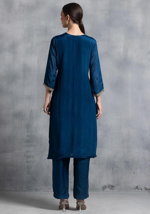 Teal Floral Printed Embellished A-Line Kurta with Flared Pant and Dupatta Set