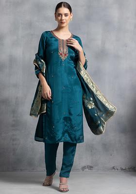 Teal Blue Cutdana Hand Embroidered Kurta Set With Pants And Brocade Dupatta