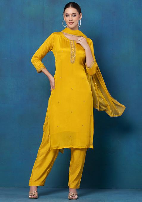 Yellow Sequin Embellished Kurta Set With Pants And Embellished Dupatta