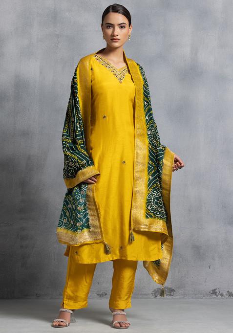 Yellow Sequin Embellished Kurta Set With Pants And Bandhani Print Dupatta
