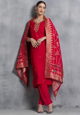 Pink Sequin Hand Embellished Kurta Set With Pants And Printed Dupatta