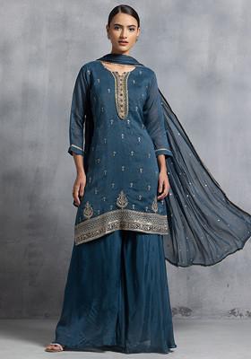 Teal Blue Sharara Set With Cutdana Hand Embroidered Kurta And Dupatta