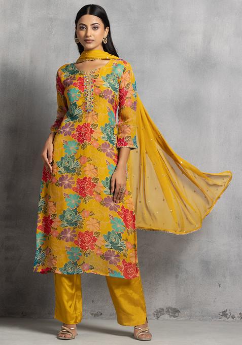 Yellow Floral Print Organza Kurta Set With Pants And Embellished Dupatta