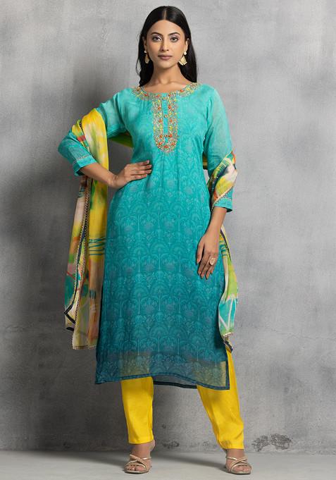 Sea Green Hand Embroidered Kurta Set With Pants And Floral Print Dupatta