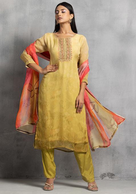 Lime Green Hand Embroidered Kurta Set With Pants And Floral Print Dupatta