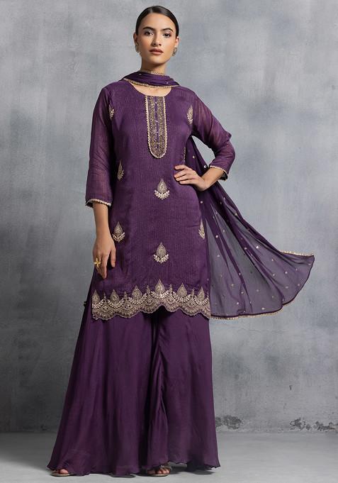 Purple Sharara Set With Zari Hand Embroidered Kurta And Dupatta