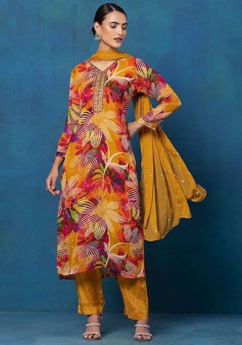 Yellow Floral Print Sequin Embellished Kurta Set With Pants And Dupatta