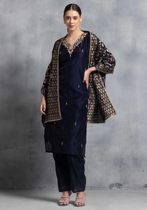 Navy Blue Floral Bead Hand Work Kurta Set With Pants And Embellished Dupatta
