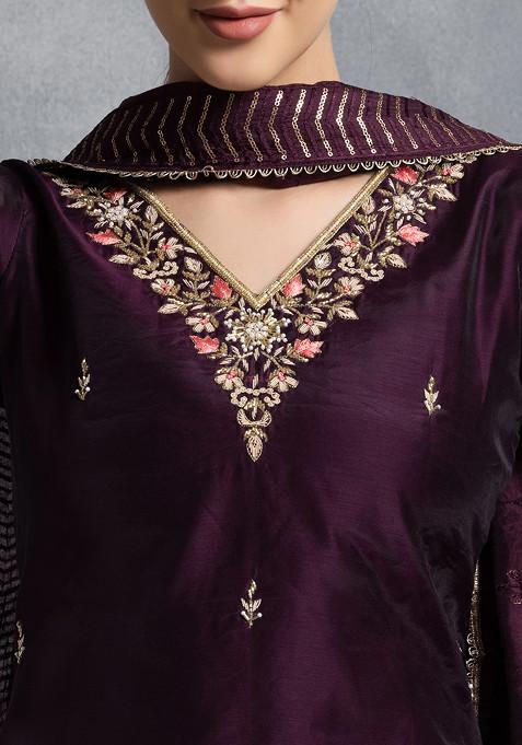 Black Solid Bead Embellished Flared Festive Kurta, Trousers and Dupatta Set