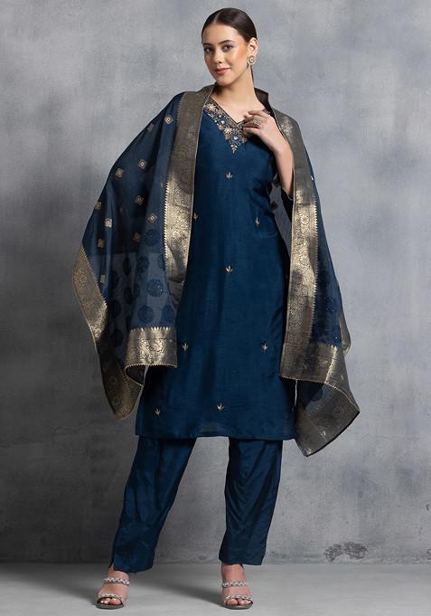 Teal Blue Cutdana Sequin Embellished Kurta Set With Pants And Brocade Dupatta