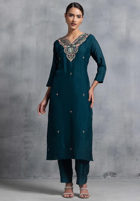 Buy Women Deep Green Sequin Bead Embellished Kurta Set With Pants And