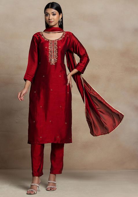Red Bead Hand Embroidered Chanderi Kurta Set With Pants And Dupatta