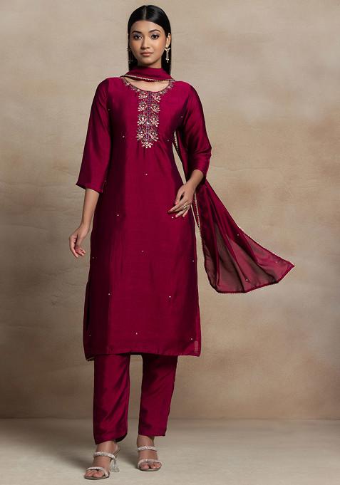 Maroon Floral Sequin Hand Embellished Chanderi Kurta Set With Pants And Dupatta