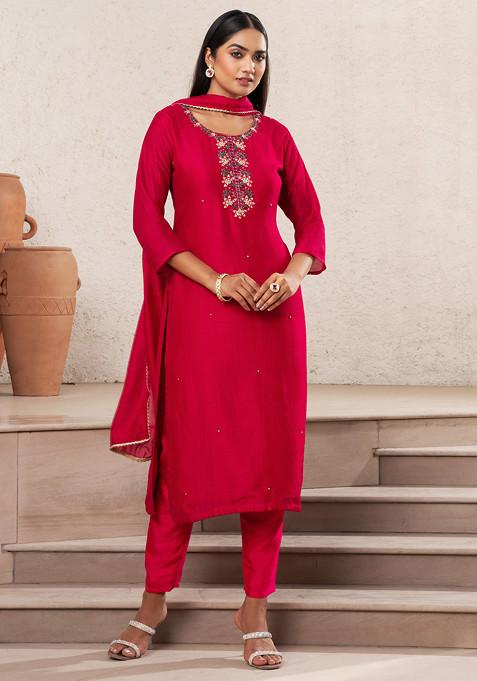 Pink Floral Sequin Hand Embellished Chanderi Kurta Set With Pants And Dupatta
