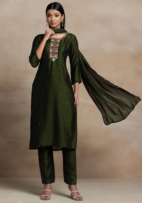 Olive Green Floral Sequin Hand Embellished Chanderi Kurta Set With Pants And Dupatta