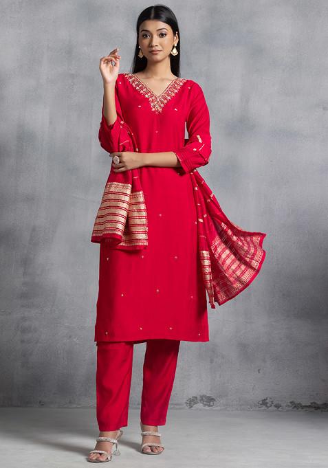 Red Mirror Bead Cutdana Embellished Kurta Set With Pants And Brocade Dupatta