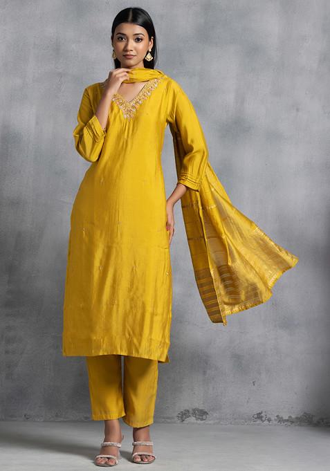 Yellow Mirror Bead Cutdana Embellished Kurta Set With Pants And Brocade Dupatta