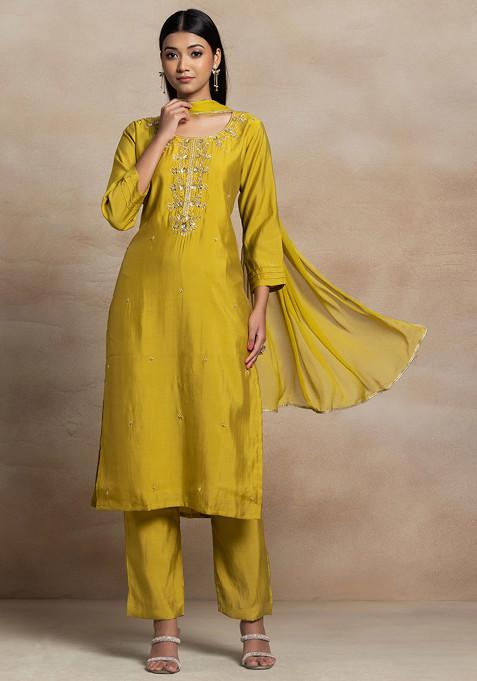 Yellow Floral Sequin Hand Embellished Satin Kurta Set With Pants And Dupatta