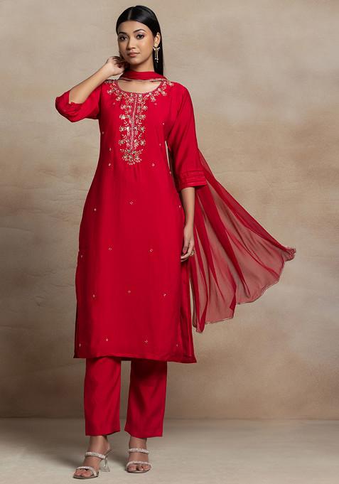 Red Floral Sequin Hand Embellished Satin Kurta Set With Pants And Dupatta