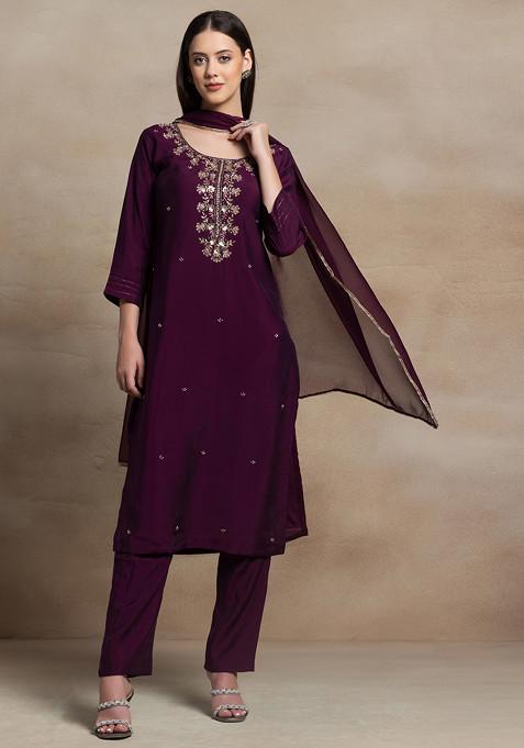 Maroon Floral Sequin Hand Embellished Satin Kurta Set With Pants And Dupatta