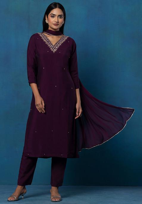 Purple Sequin Embellished V-Neck Kurta Set With Pants And Dupatta