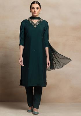 Green Bead Embroidered V-Neck Kurta Set With Pants And Dupatta