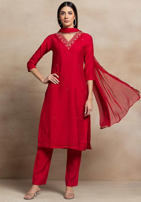 Red Bead Embroidered V-Neck Kurta Set With Pants And Dupatta
