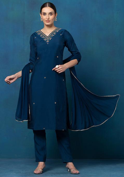 Teal Blue Bead Embroidered V-Neck Kurta Set With Pants And Dupatta