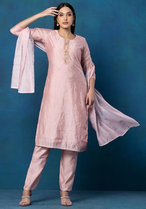 Pink Hand Embroidered Kurta Set With Pants And Printed Chanderi Dupatta