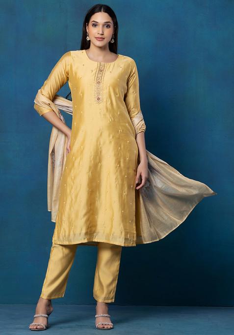 Yellow Hand Embroidered Kurta Set With Pants And Printed Chanderi Dupatta