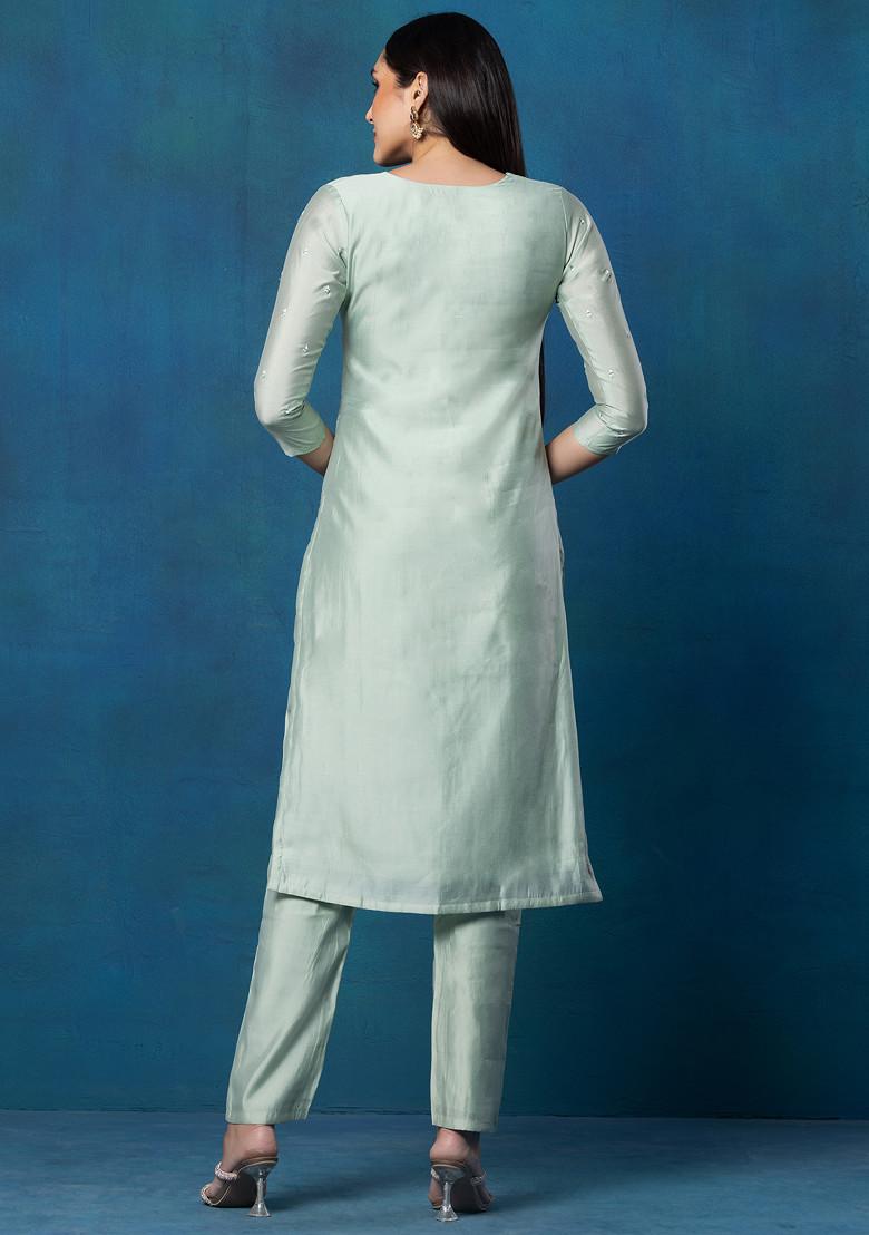 Pastel Green Hand Embroidered Kurta Set With Pants And Printed Chanderi Dupatta - Indya