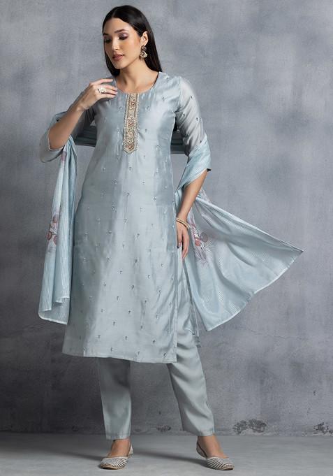 Blue Hand Embroidered Kurta Set With Pants And Printed Chanderi Dupatta