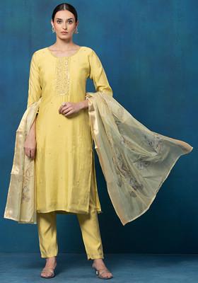 Yellow Bead Cutdana Hand Embroidered Kurta Set With Pants And Printed Dupatta