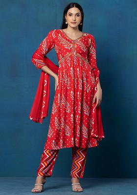 Orange Hand Embroidered Printed Kurta Set With Printed Pants And Dupatta