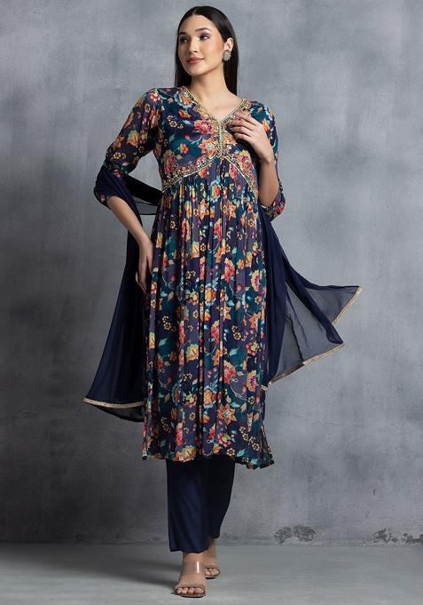 Deep Blue Floral Cotton Kurti Set for Women main image 1