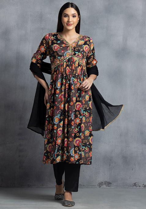 Black Floral Print Sequin Embellished Kurta Set With Pants And Dupatta