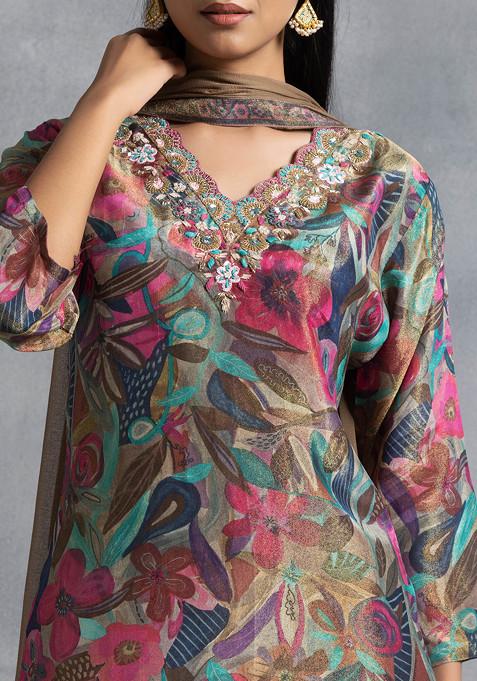 Mint & Pink Tropical Floral Print Kurta Set With Dupatta main image 1
