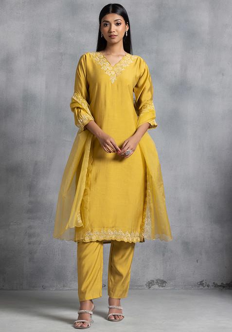 Yellow Floral Zari Embroidered V-Neck Kurta Set With Pants And Dupatta