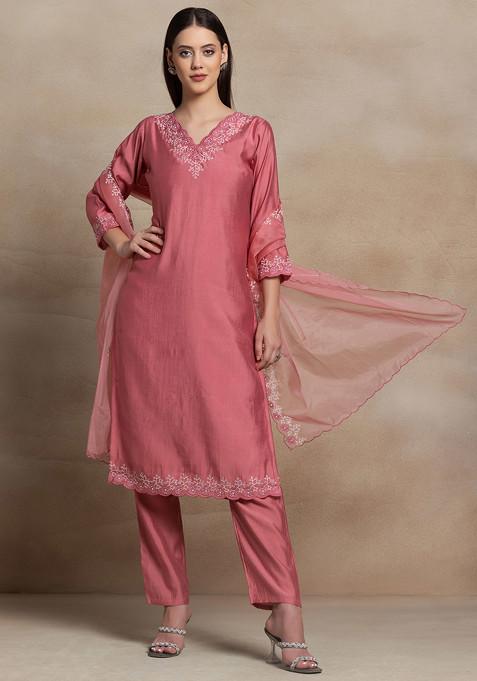 Coral Pink Floral Zari Embroidered V-Neck Kurta Set With Pants And Dupatta