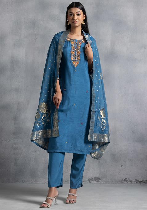 Blue Floral Cutdana Hand Embroidered Kurta Set With Pants And Brocade Dupatta