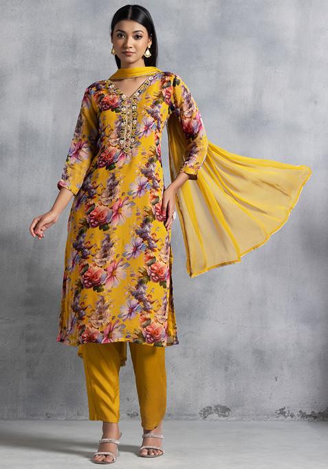Yellow Floral Print Embellished Kurta Set With Pants And Dupatta