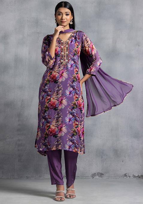 Lavender Floral Print Sequin Embellished Kurta Set With Pants And Dupatta