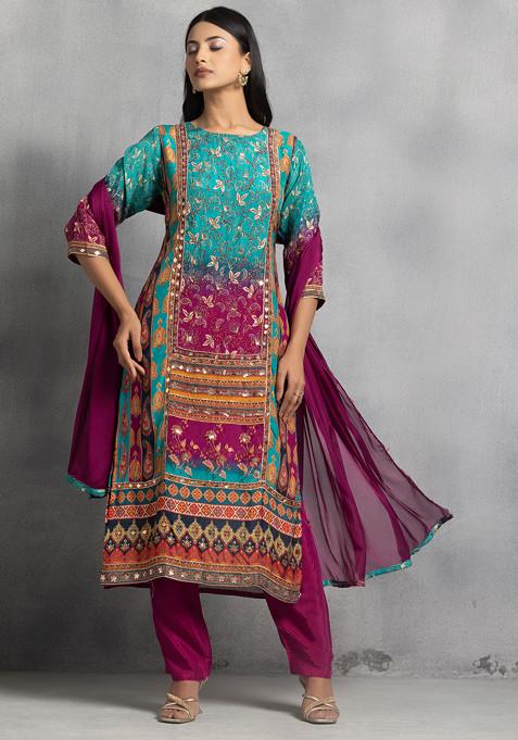 Multicolour Floral Print Embellished Kurta Set With Pink Pants And Dupatta