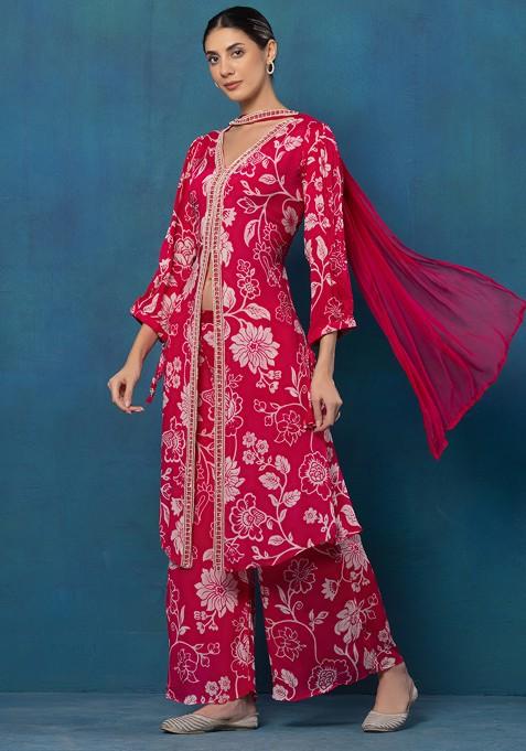 Cream Multi Printed Kurta Set With Pants & Solid Pink Dupatta