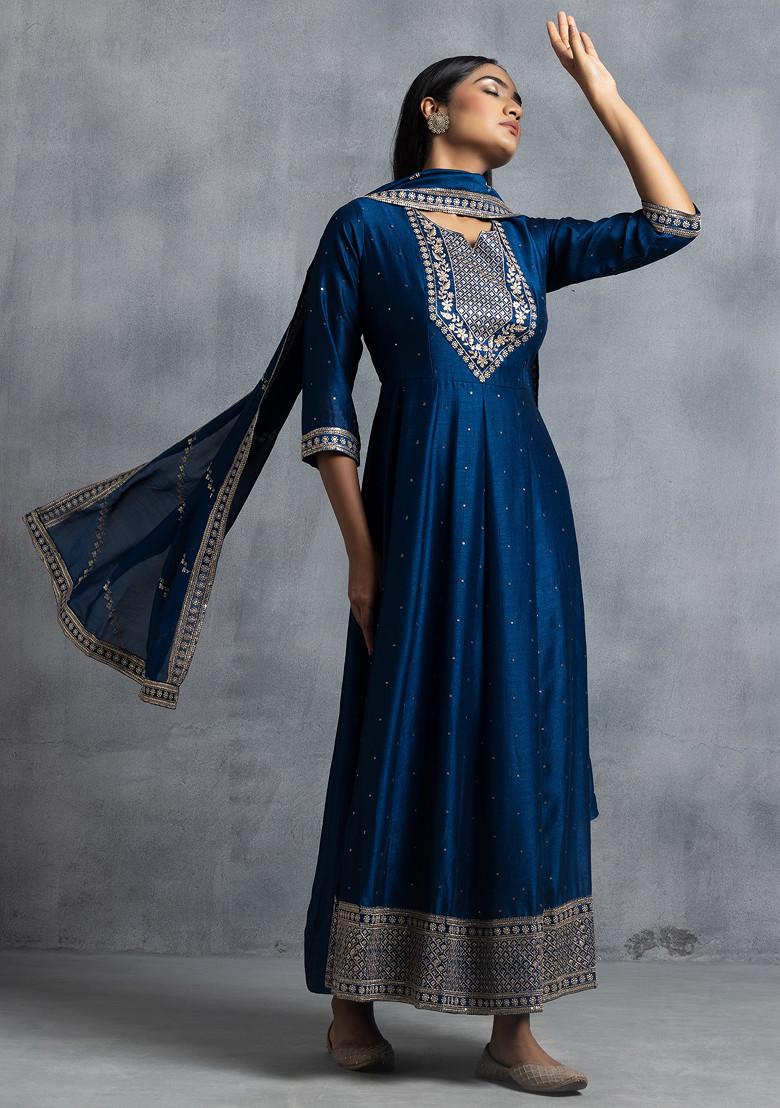 Blue Zari Embroidered Anarkali Kurta With Embroidered Dupatta - Indya