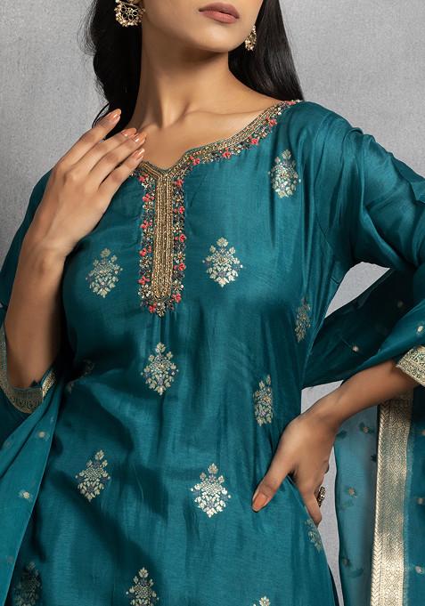 Buy Women Green Floral Sequin Embellished Kurta Set With Pants And Self