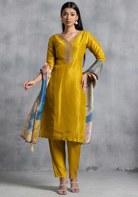 Yellow Sequin Embellished Kurta Set With Pants And Printed Dupatta
