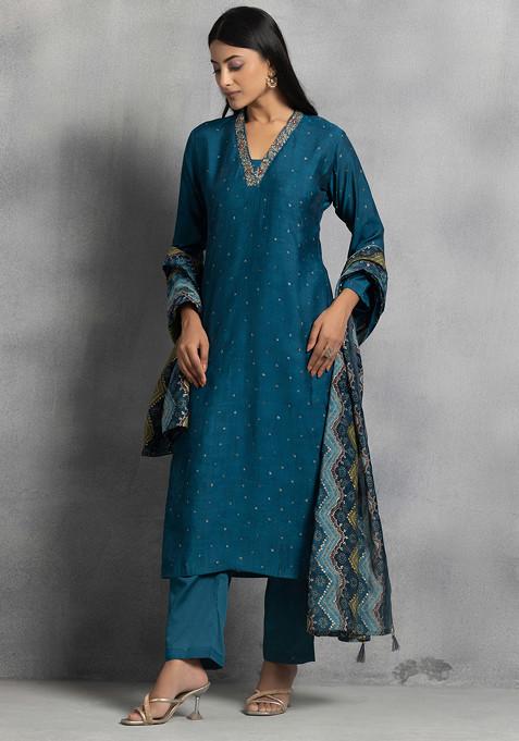Blue Embellished Festive Kurta, Trousers and Dupatta Set