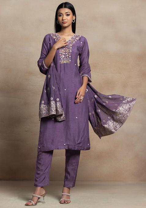 Purple Sequin Bead Hand Embroidered Kurta Set With Pants And Embellished Dupatta